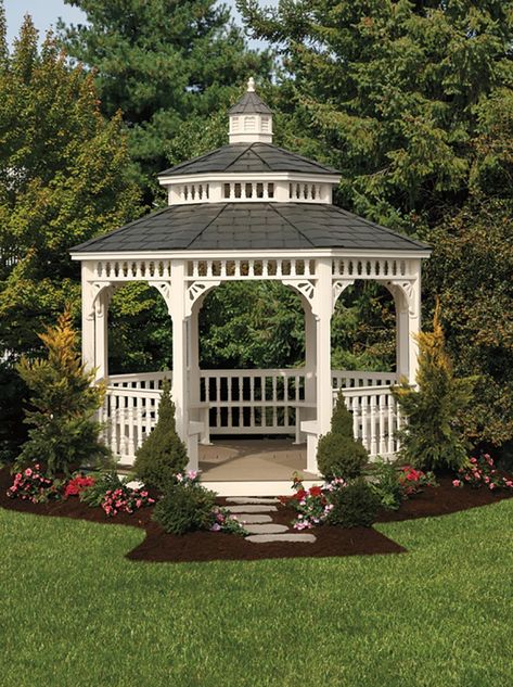 Size 12' with white vinyl, 2 x 3 spindles, decorative braces, benches, and dark gray rubber slate Victorian Gazebo Ideas, Gazebo Backyard, Romantic Gazebo Ideas, Gazebo Landscaping Ideas, Gazebo Ideas, Gazebo Ideas Backyard, Gazebo Decorating Ideas, Victorian Gazebo, Gazebo Privacy