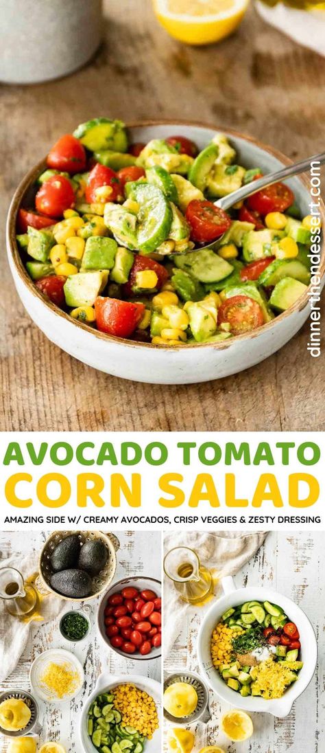 Avocado Tomato Corn Salad is the perfect side dish with creamy avocados, fresh tomatoes, crisp cucumbers, and corn all tossed in a zesty lemon dressing. A perfect Mexican-inspired side salads for BBQs or weeknight dinners! Salad Recipes Tomato, Tomato Side Dishes, Corn Tomato Salad, Taco Side Dishes, Corn Avocado Salad, Mexican Side Dishes, Mexican Salads, Avocado Tomato Salad, Corn Salad Recipes