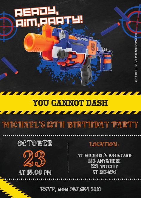 Free Editable PDF - Nerf Gun Birthday Invitation Templates Kitty Invitation Card, Nerf Birthday Invitations, Hello Kitty Invitation Card, Nerf Party Invitations, Hello Kitty Invitation, Hello Kitty Invitations, 13th Birthday Invitations, Bday Party Invitations, Gift Games