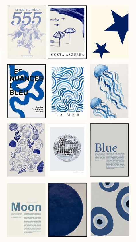 Posters For Blue Room, Blue Aesthetic Prints For Wall, Poster Wall Ideas Aesthetic Vintage, Stuff To Print Out For Room Aesthetic, Navy Blue Posters Aesthetic, Blue Aesthetic Posters For Bedroom, Poster Prints Wall Bedroom Blue, Wall Posters Aesthetic Blue, Printable Wall Collage Blue