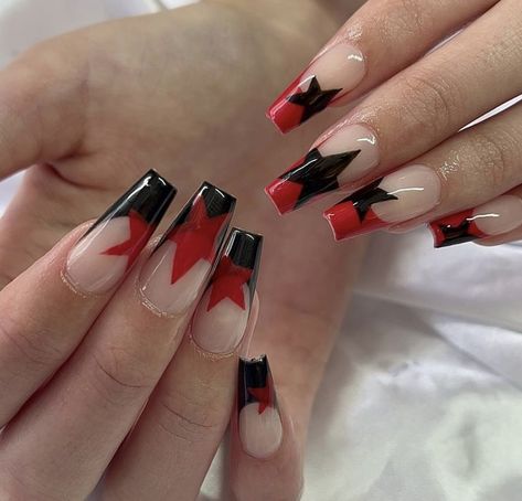 coffin nails with red & black french tip and stars Punk Nails, Edgy Nails, Goth Nails, Grunge Nails, Star Nails, Fire Nails, Funky Nails, Dream Nails, Pretty Acrylic Nails