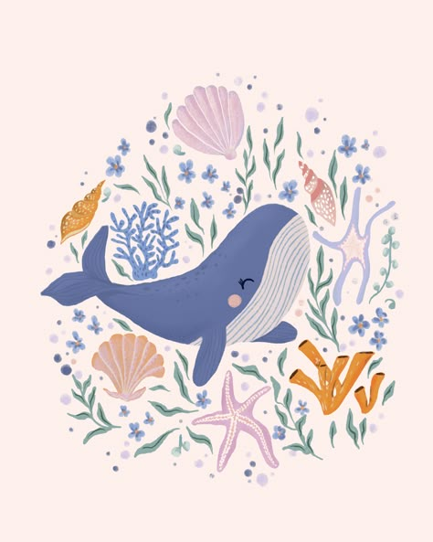 Nursery Coastal, Sea Life Illustration, Sea Inspired Art, Whale Illustration, Serene Home, Ocean Artwork, Dolphin Art, Life Illustration, Sea Life Art