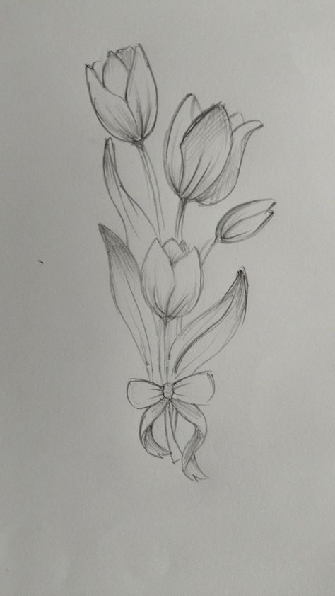 Easy And Beautiful Drawing Ideas, Tulip Sketch Simple, Tulips Drawing Sketch, Tulip Bouquet Drawing, Flower Drawing Bouquet, Hand Fan Drawing, Spring Drawing Easy, Simple Flower Sketch, Flower Sketches Simple