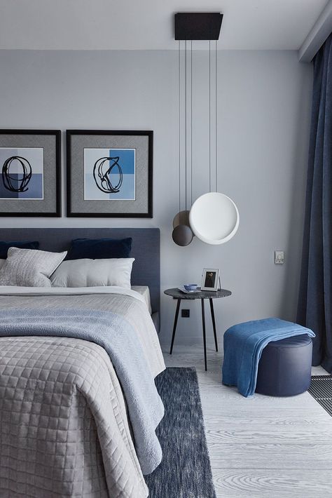 Blue Bedroom Interior Design, Blue And Grey Bedroom Decor, Bedroom Color Inspirations, Bedroom Wall Design Ideas, Blue Bedroom Interior, Blue Room Ideas, Gray Bedroom Decor, Bedroom Ideas Blue, Interior Design Blue