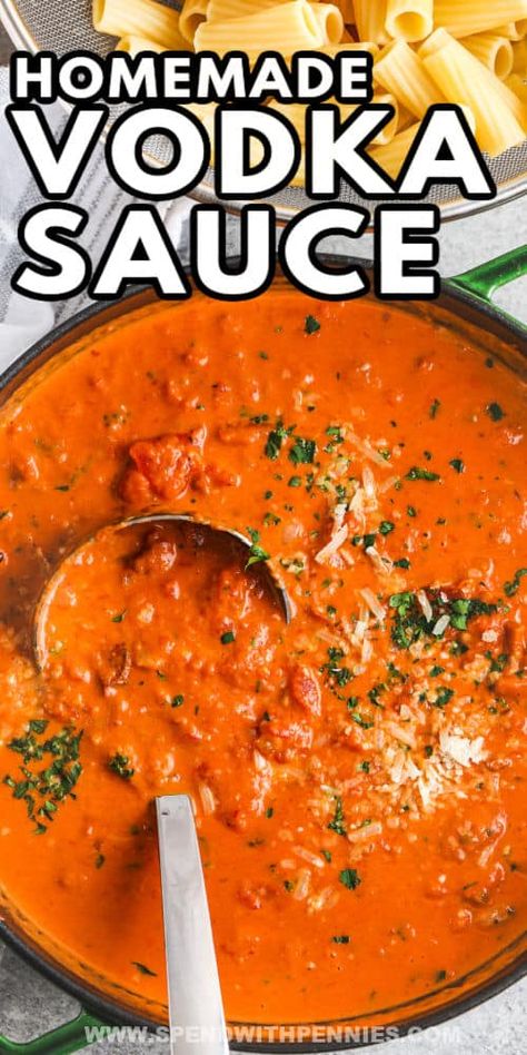 Make this fancy Vodka Sauce recipe to serve over pasta or add to Italian favorites like lasagna. It's the best creamy tomato based sauce out there! Vodka sauce is the classic red sauce that everyone loves, and it goes with all kinds of dishes. It's creamy, spicy, and sweet. Don't miss out on making this homemade favorite. #vodkasauce #homemaderecipe #bestspicypastasauce #spendwithpennies Pasta Sauce With Red Wine, Easy Vodka Sauce, Basic Pasta Sauce, Penne A La Vodka, Spaghetti Sauces, Spicy Pasta Sauce, Homemade Vodka, Homemade Vodka Sauce, Creamy Vodka Sauce