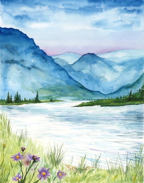 Landscape Ideas Drawing Watercolor, Water Colour Sea Landscape, Lake Watercolor Painting Easy, Water Colour Painting Easy Landscape, Watercolour Landscape Easy, Watercolor Landscape Paintings Easy, Landscape Watercolor Paintings, Painted Landscapes, Art Peaceful