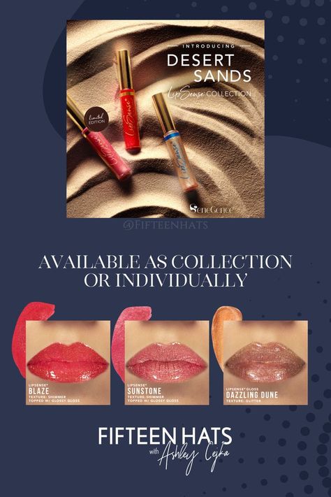 Desert Sands LipSense Collection by SeneGence features one new limited edition LipSense shade - Blaze LipSense, one returning LipSense color - Sunstone LipSense, and one new gloss- Dazzling Dune. Available as a collection or individually! To see more visit our site. Glowing Rose, Lipsense Gloss, Sand Collection, Glossier Gloss, Lipsense Colors, Rose Champagne, Desert Landscapes, Desert Sand, Fiery Red