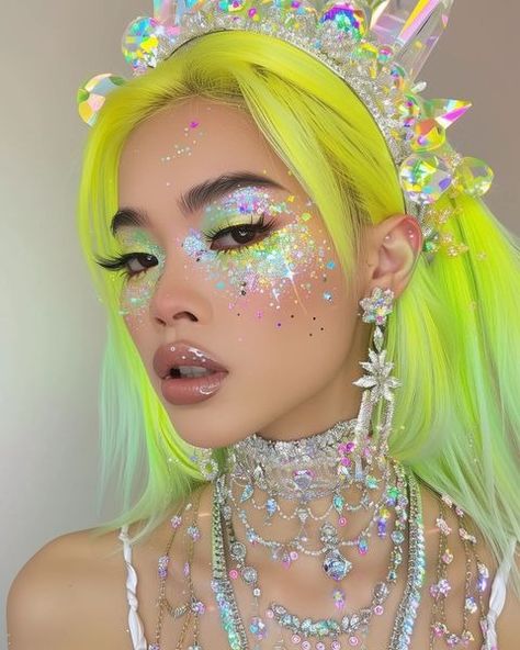 Instagram Edm Festival Makeup, Neon Party Makeup, Makeup For Festivals, Edc Makeup, Glitter Face Makeup, Iridescent Makeup, Neon Crafts, Nightlife Outfits, Club Makeup