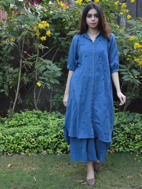 Palazzo And Kurthi, Khadi Suits Design, Jamdani Kurta Design, Cotton Indigo Kurti Designs, Blue Kurta Woman, Indian Casual Wear Women, Khadi Kurta Designs Women, Kurta Palazzo Designs, Blue Kurti Outfit