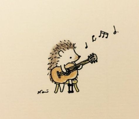 Cute Animal Love Drawing, Porcupine Drawing Cute, Cute Hedgehog Art, Guitar Cute Drawing, Cute Guitar Drawing, Playing Guitar Drawing, Music Doodles, Happy Drawings, Doodle Pictures