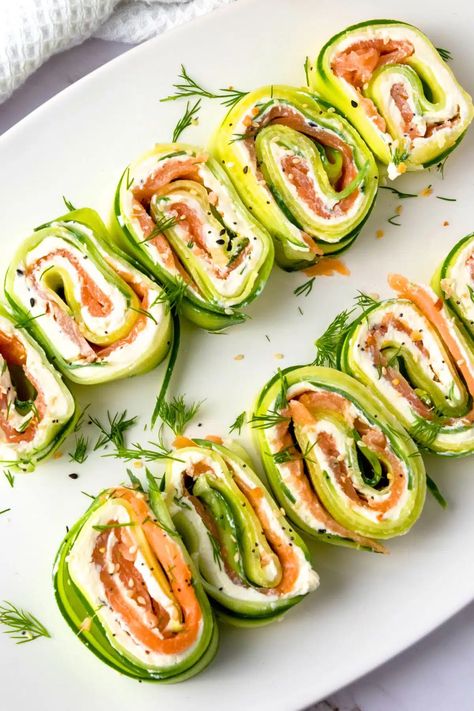 These super easy cucumber roll ups are filled with cream cheese and smoked salmon, making them the perfect appetizer and savory snack for warm summer days. Totally gluten-free with dairy-free option too. Cucumber Rolls Appetizers, Watermelon Goat Cheese Salad, Cucumber Wraps, Fluffy Bread Recipe, Cucumber Roll Ups, Cream Cheese Roll Up, Cucumber Rolls, Salmon Roll, Cream Cheese Rolls