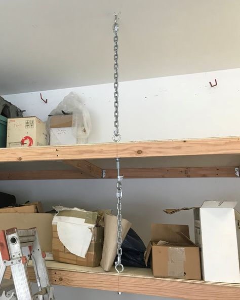 Hanging Garage Shelves. No turnbuckle necessary. Suspended by 4x6s perpendicular to ceiling joists Shelf From Ceiling, Sloped Ceiling Ideas, Hanging Garage Shelves, Basement Storage Ideas, Diy Floating Shelves, Garage Shelves, Diy Hanging Shelves, House Upgrades, Basement Finishing