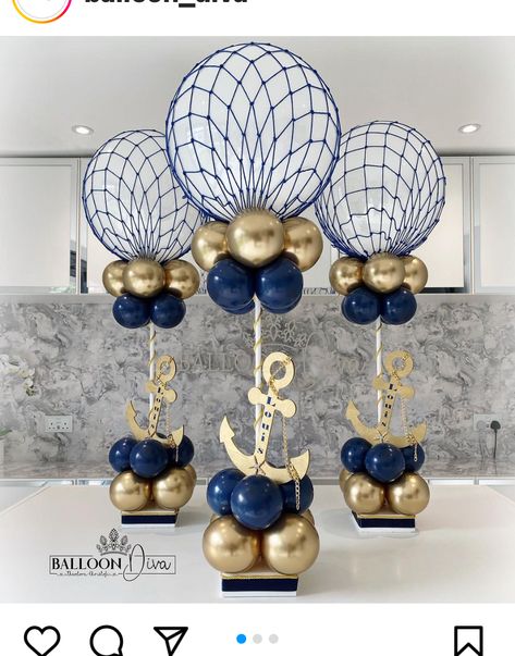 Nautical Decor Party, Nautical Centerpiece Ideas, Navy Retirement Party Ideas, Anchor Centerpiece, Us Navy Party, Deco Theme Marin, Nautical Baby Shower Ideas, Nautical Baby Shower Boy, Topiary Centerpieces