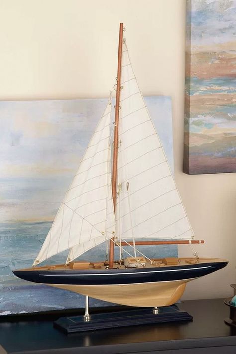 Boat Sculpture, Model Sailboats, Coastal Style Living Room, Wooden Sailboat, Boat Drawing, Model Sailboat, Sailboat Art, Navy Accents, Boat Model