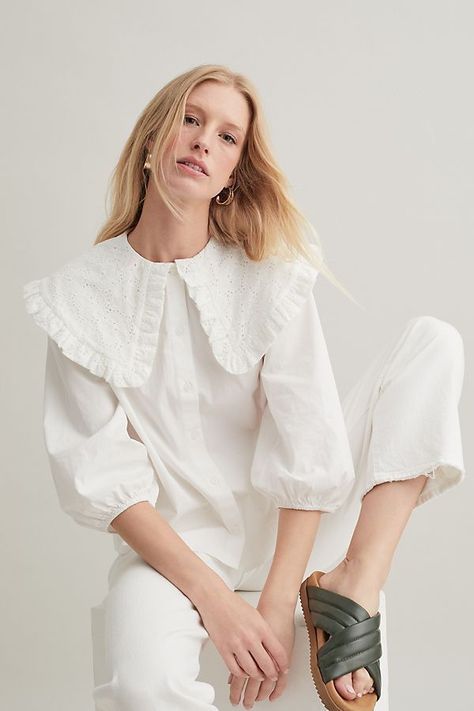 Postnatal Outfits, Collar Blouse Outfit, Blouses And Jeans, Big Collar Blouse, Collar Outfits, White Collar Dress, Lazy Outfit, White Collared Blouse, Tailored Jumpsuit