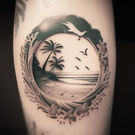 Brown Hair Henna, Beach Theme Tattoos, Dave Tattoo, View Tattoo, Ocean Theme Tattoos, Palm Tattoo, Beachy Tattoos, Different Styles Of Tattoos, Beach Tattoos