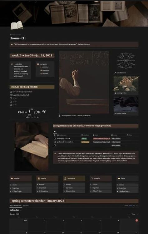 free notion templates College Notion Aesthetic, Notion Template Dark Aesthetic, Notion Aesthetic Academia, Dark Mode Notion Ideas, Notion Library Aesthetic, Dark Green Notion Template, Notion Dashboard Ideas Aesthetic Dark, Notion Template Ideas Aesthetic For Students Dark, Notion Dark Mode Templates