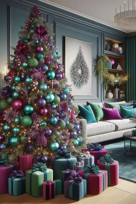 Christmas Tree Ideas Jewel Tones, Purple And Teal Christmas Decor, Gem Colored Christmas Tree, Purple And Green Christmas Decor, Trending Christmas Colors 2024, Colorful Xmas Tree, Christmas Jewel Tones, Fun Christmas Tree Ideas For Kids, Christmas Tree Ideas Multicolor Lights