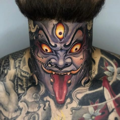 Japanese Neck Tattoo Men, Japanese Neck Tattoo, Neck Tattoo Men, Throat Tattoos, Yellow Tattoo, Full Neck Tattoos, Hindu Tattoos, Neck Tattoo Ideas, Hindu Tattoo