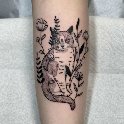 Cat Tattoos 1 Cat Nature Tattoo, Nature Cat Tattoo, Boho Cat Tattoo, Patchwork Cat Tattoo, Whimsical Cat Tattoo, Cat Tattoo Placement, Cat Tattoo Forearm, Cat Knee Tattoo, Cat Leg Tattoo