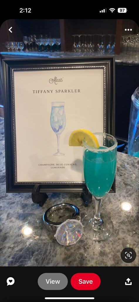 Tiffany And Co Bachelorette Party, Breakfast At Tiffany’s Bridal Shower Brunch, Breakfast At Tiffany’s Bachelorette, Blue Mimosa Recipe, Tiffany Mimosa, Breakfast At Tiffany's Bridal Shower Diy, Breakfast At Tiffanys Birthday Theme, Wedding Shower Drinks, Bridal Shower Breakfast At Tiffanys