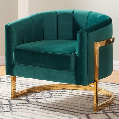 Meridian Furniture 515Green Carter Green Velvet Accent Chair on Gold Stainless Base Round Back Bags Shop Interior Design, Green And Gold Room, Living Room Accent Pieces, Arabic Interior, Furniture On A Budget, Green Accent Chair, Green Velvet Chair, Furnitur Ruang Keluarga, Gold Room