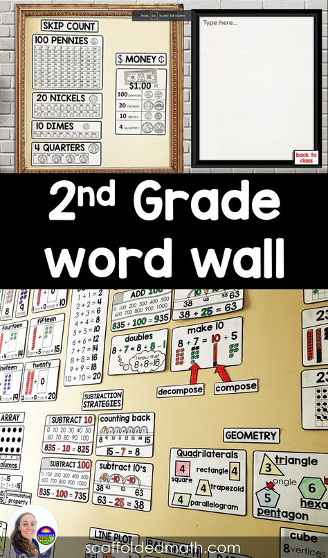 This word wall for 2nd grade includes both a printable version and a virtual word wall for distance learning. You can send the digital word wall to students working at home to help them with math vocabulary. Parents will appreciate this help. You can also add additional references, even your birmoji, tot this virtual classroom word wall to personalize it. More info at scaffoldedmath.com Math Word Wall 2nd, 2nd Grade Word Wall, Maths Working Wall, Notes Math, Math Word Wall, Classroom Word Wall, Math Vocabulary Words, Media Pembelajaran, Science Concepts