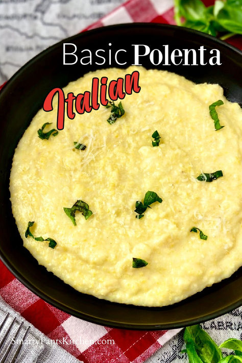 Polenta in black bowl garnished with chopped basil. Italian Side Dish, Italian Polenta, Cheesy Polenta, Italian Side Dishes, Polenta Recipe, Southern Side Dishes, Basic Italian, Pasta Creamy, Easy Italian Recipes