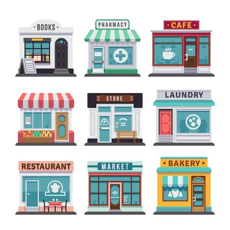 Shop Facade, Shop Buildings, Restaurant Marketing, Gacha Clothes, Flower Store, Book Cafe, Shop Window Design, Flat Icons, Fast Food Restaurant