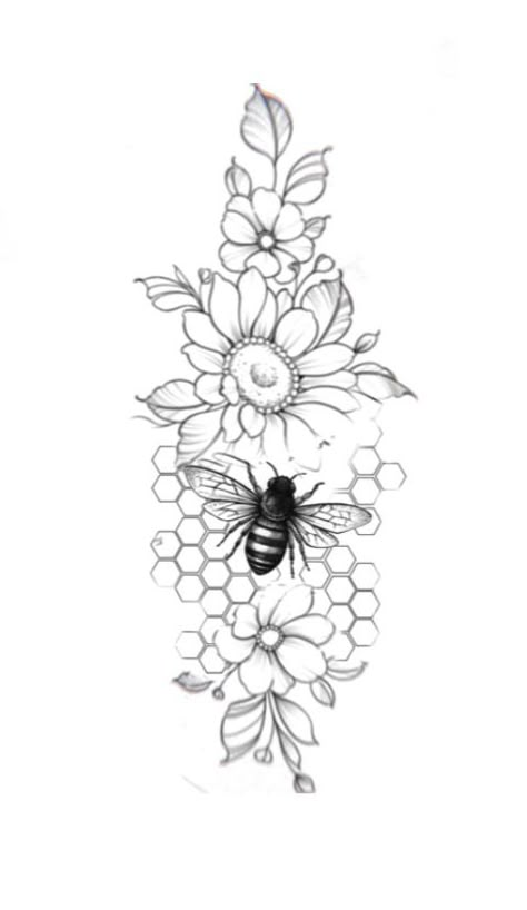 Zen Sleeve Tattoo, Chunky Bee Tattoo, Honey Bee Tattoo Sleeve, Honey Comb Bee Flower Tattoo, Honey Bee On Flower Tattoo, Add On Tattoo Ideas Thigh Piece, Sunflowers And Bees Tattoo, Honey Comb Tattoo With Flowers, Honeycomb With Flowers Tattoo