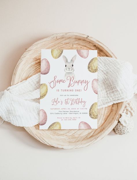 LOLA | Some Bunny is ONE A Little Bunny Easter Pink 1st Birthday Party Invitation Girl Minimalist Template Instant Download Editable Invite This adorable birthday invitation features an adorable watercolor illustrated bunny rabbit and watercolor pink and gold Easter egg illustrations paired together with minimalist simple pink script. Perfect for Easter or a birthday any time of year! Bunny Third Birthday, Easter Gender Reveal Party, Some Bunny Is One Invitation, Bunny Party Invitations, Some Bunny Is Two Invitation, Easter Gender Reveal, Spring Easter Eggs, Bunny Baby Shower Invites, Gender Reveal Themes