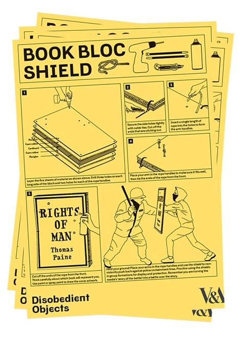 How to Guide: Book Bloc Shield. llustration by Marwan Kaabour, Barnbrook Survival Guide Design, How To Guide, Instruction Manual Design, Guide Book Design, Survival Guide Book, Instructions Design, Book Guide, Guide Design, Manual Design