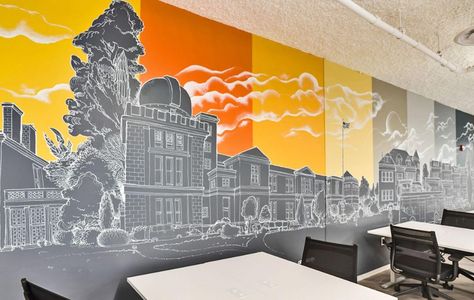 100+ Office Wall Design Ideas to Increase the productivity Office Wall Graffiti, Wall Murals For Office, Corporate Office Wall Art, Corporate Wall Mural, Office Mural Design Work Spaces, Office Wallpaper Ideas Corporate, Corporate Mural, Company Wall Design, Office Mural Design