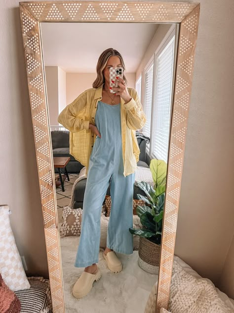 Cute Outfits For Teachers Work Wardrobe, Teacher Outfits Jumpsuit, Chambray Jumpsuit Outfit Fall, Teacher Jumpsuit, Rainy Day Outfit Teacher, Overall Teacher Outfit, Beachy Teacher Outfits, Romper Teacher Outfit, Teacher Jumpsuit Outfit