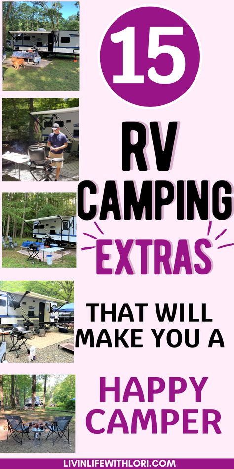 Here are RV Camping Extras that you will want to have for camping! These RV Camping Must Haves are perfect for every camper and will make you a Happy Camper at the campground! Camping Needs For Camper, Camping Trailer Outdoor Setup, Rv Camping Must Haves, Camping Trailer Must Haves, Camping Rv Hacks, Vintage Camper Decorating Ideas, Camper Must Haves Camping Accessories, Trailer Camping Aesthetic, New Camper Must Haves