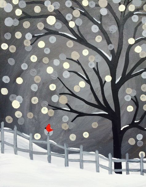 Scarlet Winter is the perfect painting for a girls' night at Pinot's Palette. #wineandart #girlsnightout #momsnightout #momsnight #girlsnight #winterpainting Mandela Rocks, Holiday Paintings, Dip Ideas, Winter Paintings, Love Birds Painting, Easy Landscape Paintings, Winter Art Projects, Coaster Art, Winter Landscape Painting