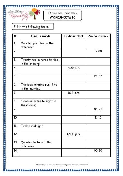 Grade 4 Maths Resources (7.1 Time - 12-hour & 24-hour Clock Printable Worksheets) - Lets Share Knowledge Grade 4 Worksheets, Year 4 Maths, Clock Worksheets, Clock Printable, Grade 6 Math, 24 Hour Clock, Maths Resources, English Exam, Time Worksheets