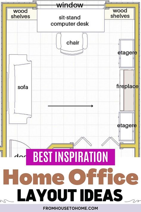 For the best home office workspace, check out these home office layout ideas with room for a desk, bookshelves, a sitting area and even a fireplace. Home Office In Basement Living Room, Living Room Office Combo Fireplace, Interior Design For Office Room, Office With Conversation Area, Flex Room Ideas Design Home Office, Home Office In Living Room Layout Cozy, Home Office Design With Fireplace, Home Office Inspiration 2023, Home Office With Sectional