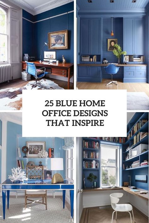 blue home office designs that inspire cover Navy Home Office, Office Murphy Bed, Clinic Manager, Blue Office Decor, Blue Study, Feng Shui Home Office, Navy Blue Office, Blue Home Office, Light Blue Sofa