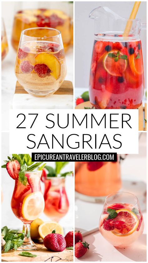 27 summer sangrias with images of a pitcher of rosé sangria, a glass of pink rosé sangria with blood orange slices and strawberries, sparkling rosé sangria with lemons and strawberries, and peach-raspberry sparkling rosé sangria Strawberry Lemonade Sangria, Fruity Summer Cocktails, Summertime Sangria, Tropical Sangria, Lemonade Sangria, Summer Sangria Recipes, White Wine Sangria Recipe, Watermelon Sangria, White Sangria Recipe