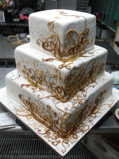 Octopus Wedding, Octopus Cake, Wedding Cake White, Square Wedding Cakes, Fondant Wedding Cakes, Wedding Cake Pictures, Cake White, Steampunk Wedding, Wedding Cake Decorations