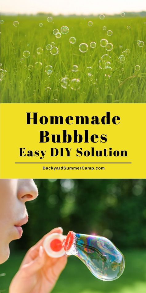 Mix up a batch of homemade bubbles solution with a quick and easy backyard play recipe for kids - no glycerin needed. Diy Bubble Solution, Bubble Solution Recipe, Giant Bubble Recipe, Homemade Bubble Solution, Bubble Mixture, Mixture Recipe, Bubble Recipe, Bubble Mix, How To Make Bubbles