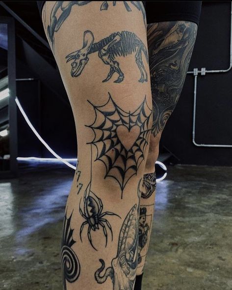 American Traditional Patchwork Leg Sleeve, Spider Web Heart Knee Tattoo, Traditional Tattoo Art Leg Sleeve, Knew Cap Tattoo, Knee And Shin Tattoo, Y2k Knee Tattoo, Alternative Leg Tattoos, Heart Spiderweb Knee Tattoo, Gothic Calf Tattoo