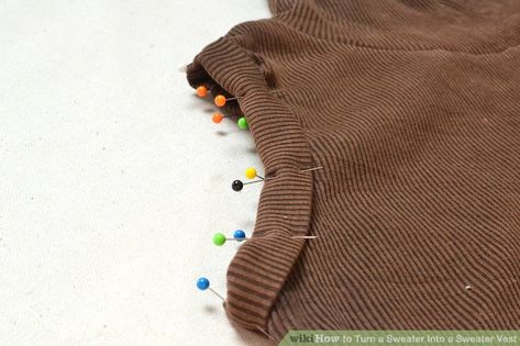 How to Turn a Sweater Into a Sweater Vest (with Pictures) Sweater Vest As A Top, How To Make A Vest From A Sweater, Diy Sweater Vest, Refashion Sweater, Diy Sweater Vest From Sweater, Sweater Into Vest Diy, How To Make Sweater Shorter, Cut Sleeve Sweater, Upcycle Vest