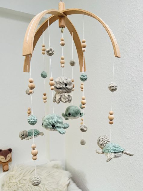 Baby Mobile Seafood XXL Crochet Baby Mobiles, Cot Toys, Baby Mobil, Mobile Hanging, Crochet Mobile, Crib Toys, Pola Amigurumi, Nursery Room Inspiration, Diy Mobile