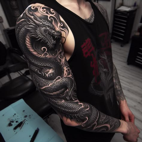 Jormungandr Tattoo, Job Tattoo, Tatuaje Trash Polka, Black Dragon Tattoo, Dragon Tattoo Arm, Dragon Tattoos For Men, Dragon Sleeve, Lion Tattoo Sleeves, Dragon Sleeve Tattoos