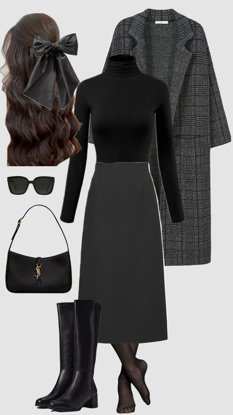 Winter All Black Outfit Classy, Jw Meeting Outfits Winter, Soft Business Casual, Winter Little Black Dress Outfit, Black Winter Outfits Classy, City Dress Outfits, Outfit Female Aesthetic, Librarian Outfits Women, Old Money Female