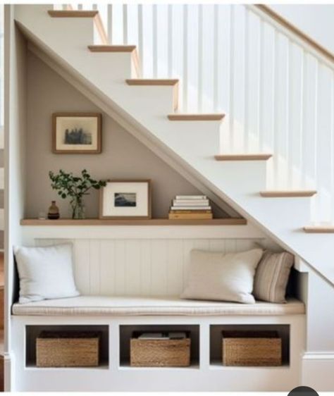 Hallway Understair Storage, Simple Under Stairs Ideas, Storage Under Open Stairs, Show Storage Under Stairs, Under Stairs Furniture, Stairs In Lounge Ideas, Side Of Staircase Ideas, Under Stairs Shelf Ideas, Under Stairs Lounge Ideas