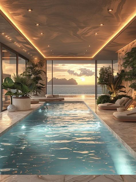 Cool Swimming Pool Designs, Basement Pool Ideas, Indoor Pool Aesthetic, Dream Pools Luxury Indoor, Modern Indoor Pool, Home Indoor Pool, Luxury Pool Designs, House Swimming Pool, Home Swimming Pool