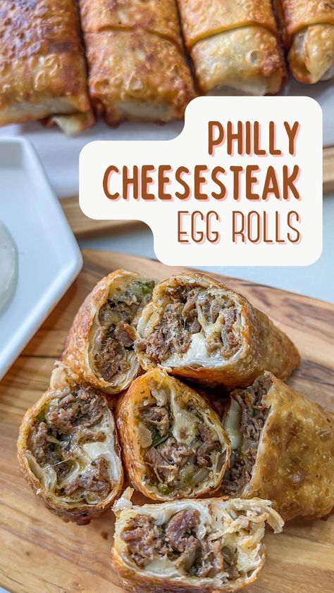 Philly Cheesesteak Eggrolls, Cheesesteak Eggrolls, Egg Roll Recipes, Philly Cheesesteak, Ground Beef Recipes For Dinner, Recipes For Dinner, Egg Roll, Beef Recipes Easy, Philly Cheese Steak